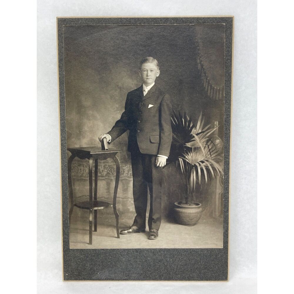 1900 FW Sander Monee IL Young Man Side Table Book Palm Tree Vintage‎ Photograph